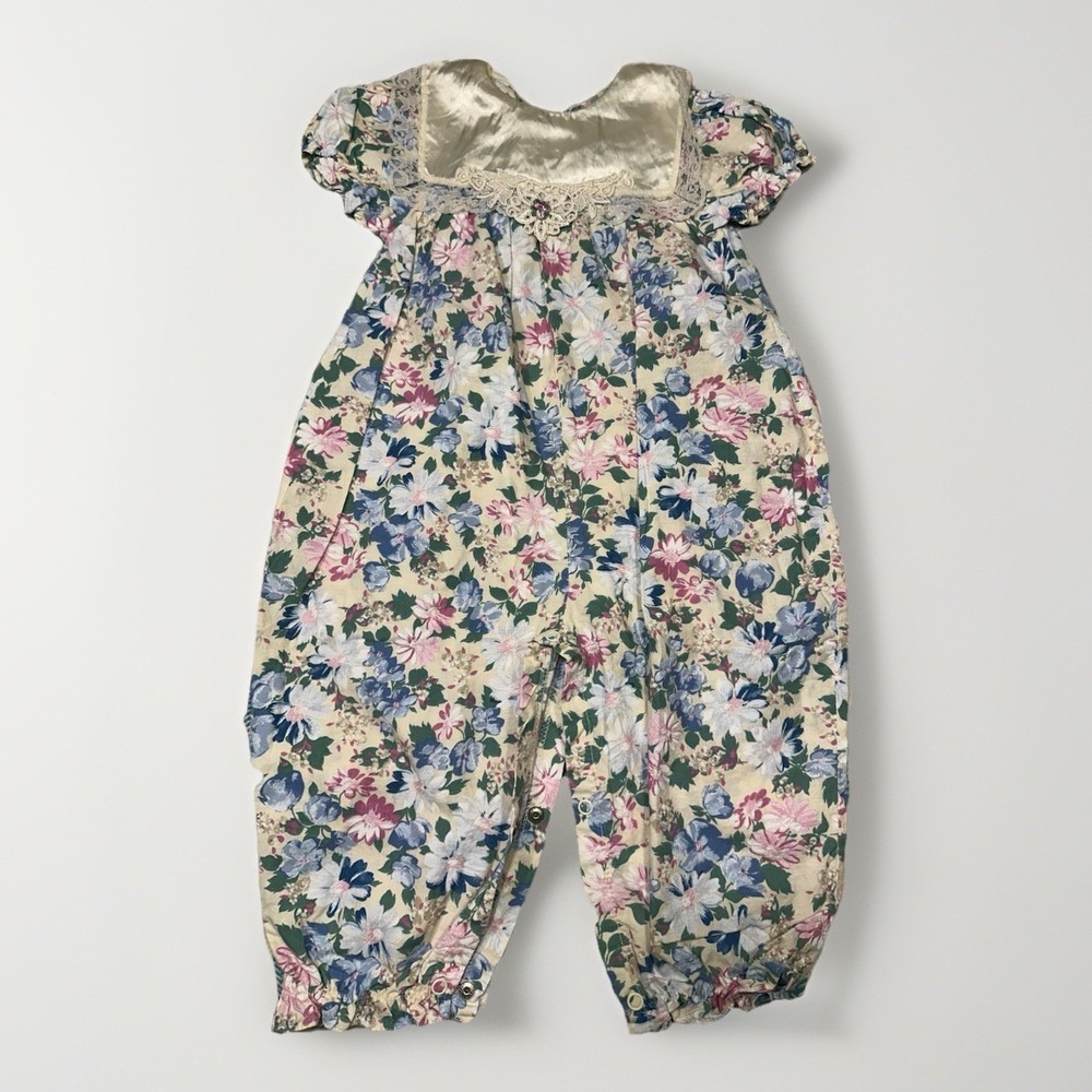 Vintage Mothercare Size 24 Mo Baby Girl Floral Romper Lace Collar Bib Hem
